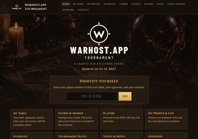 Warhost.App home page in the Malediction look