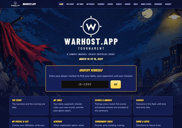 Warhost.App home page in the Marvel: Crisis Protocol look