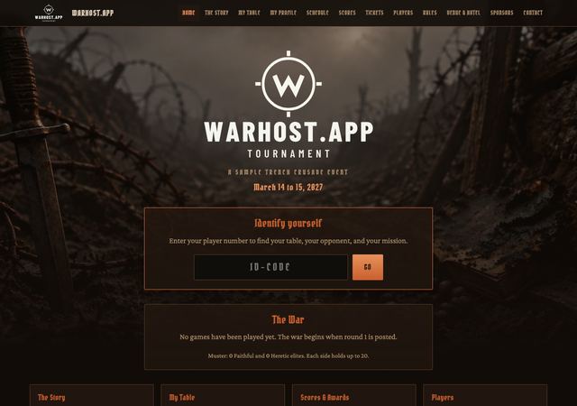 Warhost.App home page in the Trench Crusade look