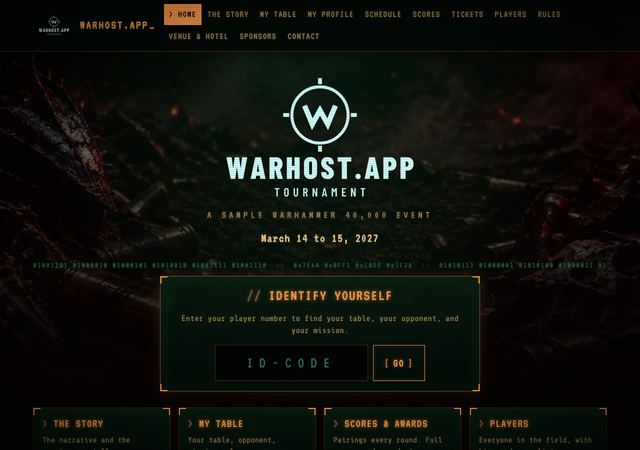 Warhost.App home page in the Warhammer 40,000 look