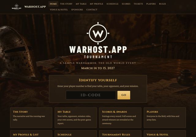 Warhost.App home page in the The Old World look